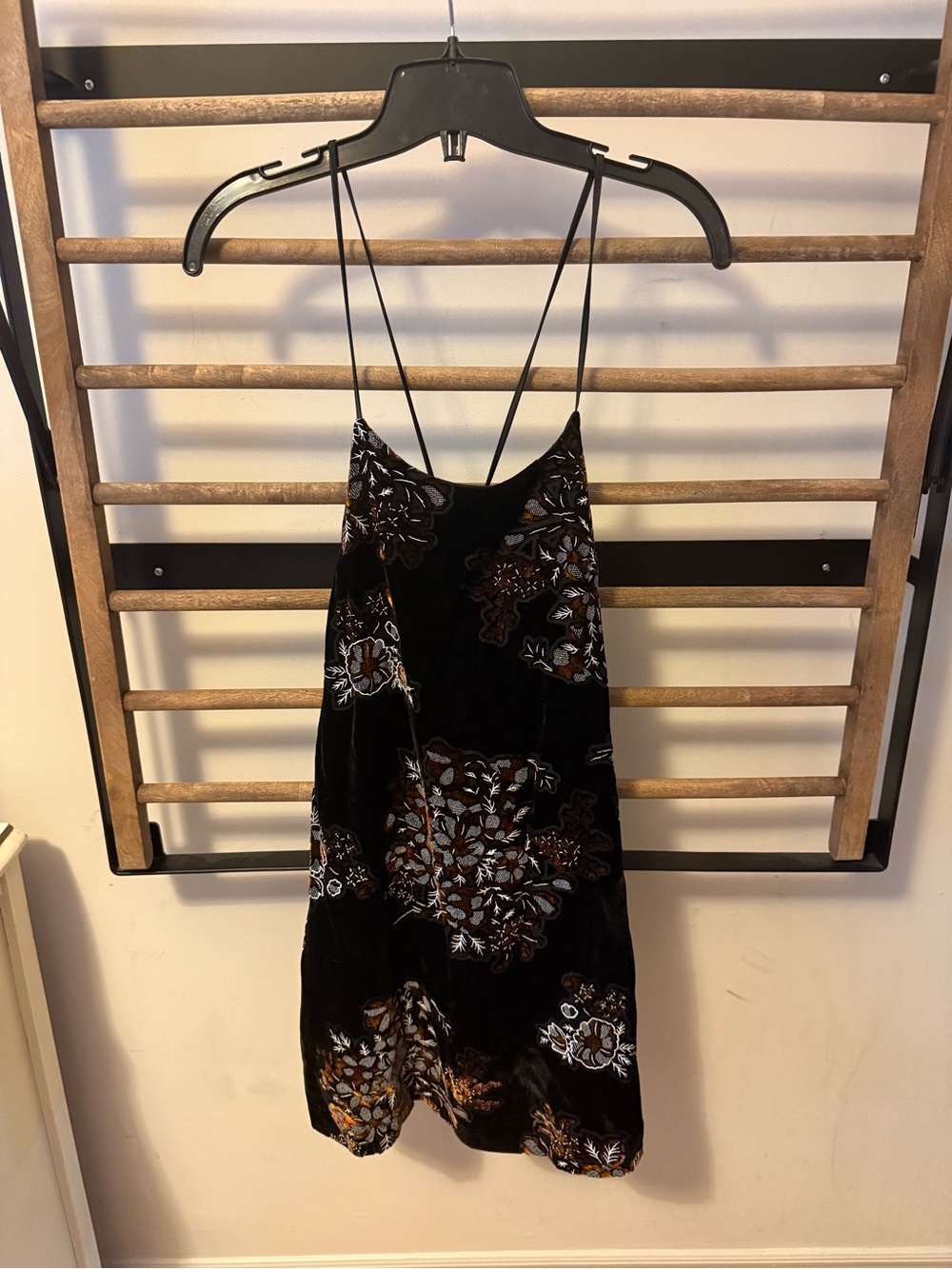 Black Floral Velvet Slip Dress with Strappy Back